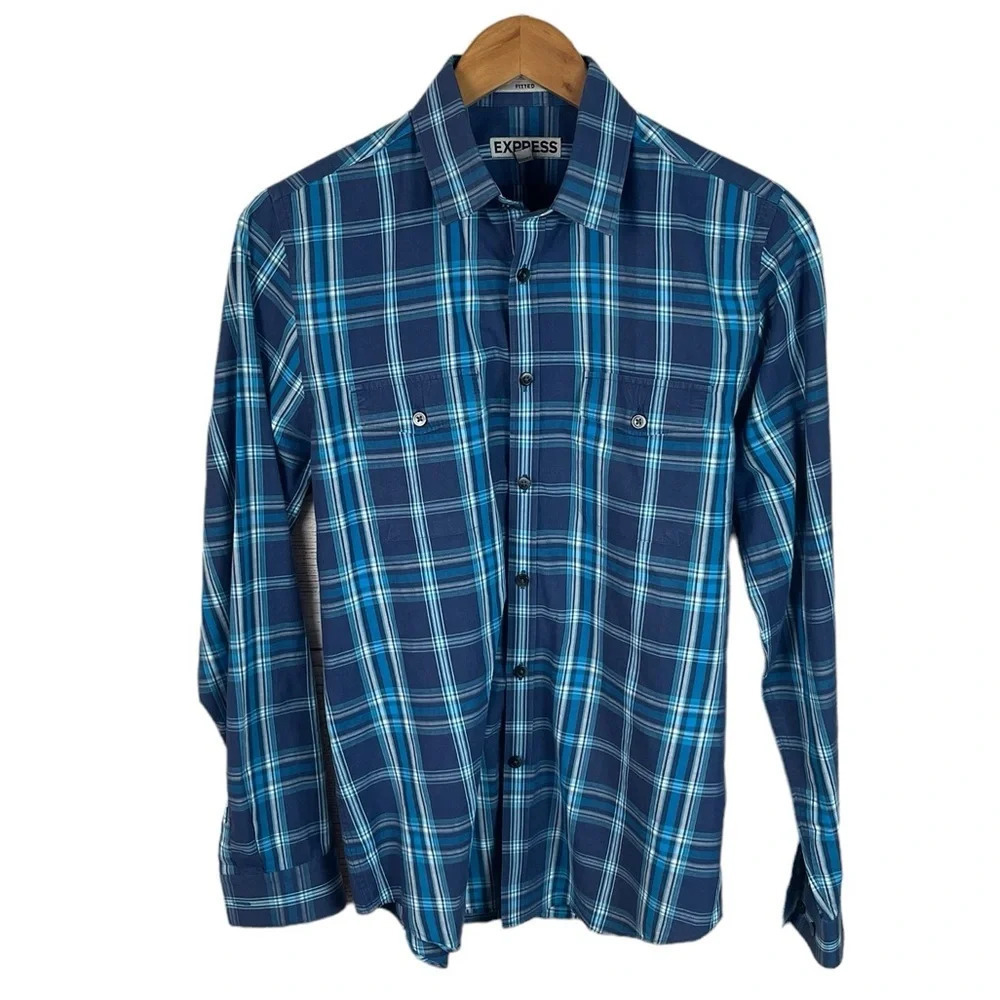 BF1366 Mens Express Preppy Plaid FITTED Button Down Dress Shirt 14-14.5 S